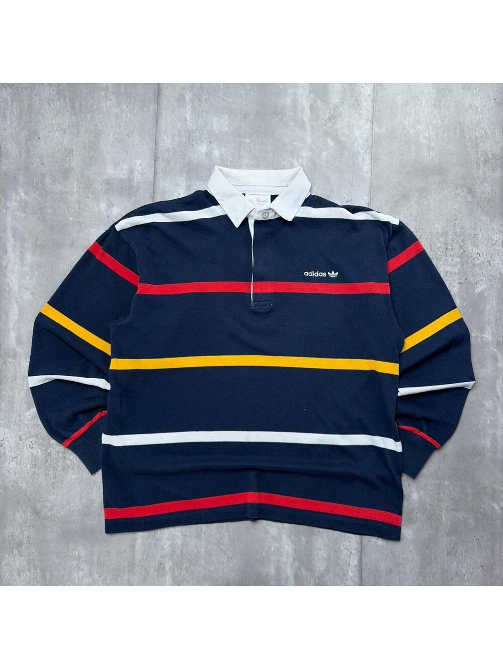 Vintage Navy Adidas Striped Long Sleeve Rugby Polo Shirt